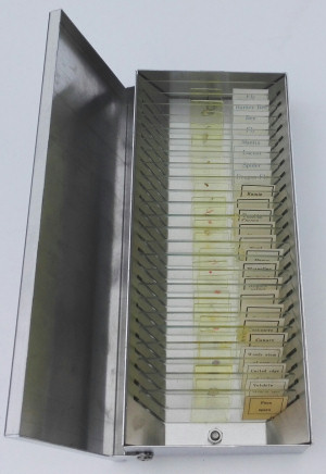 Aluminium microscope slide box fully open