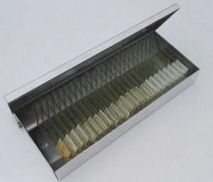 Aluminium microscope slide box open