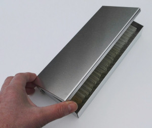Aluminium microscope slide box slightly open