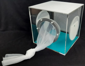 Clear Acrylic Cube with sleeved access for flying insect work Clear Acrylic Cube with sleeved access for flying insect work